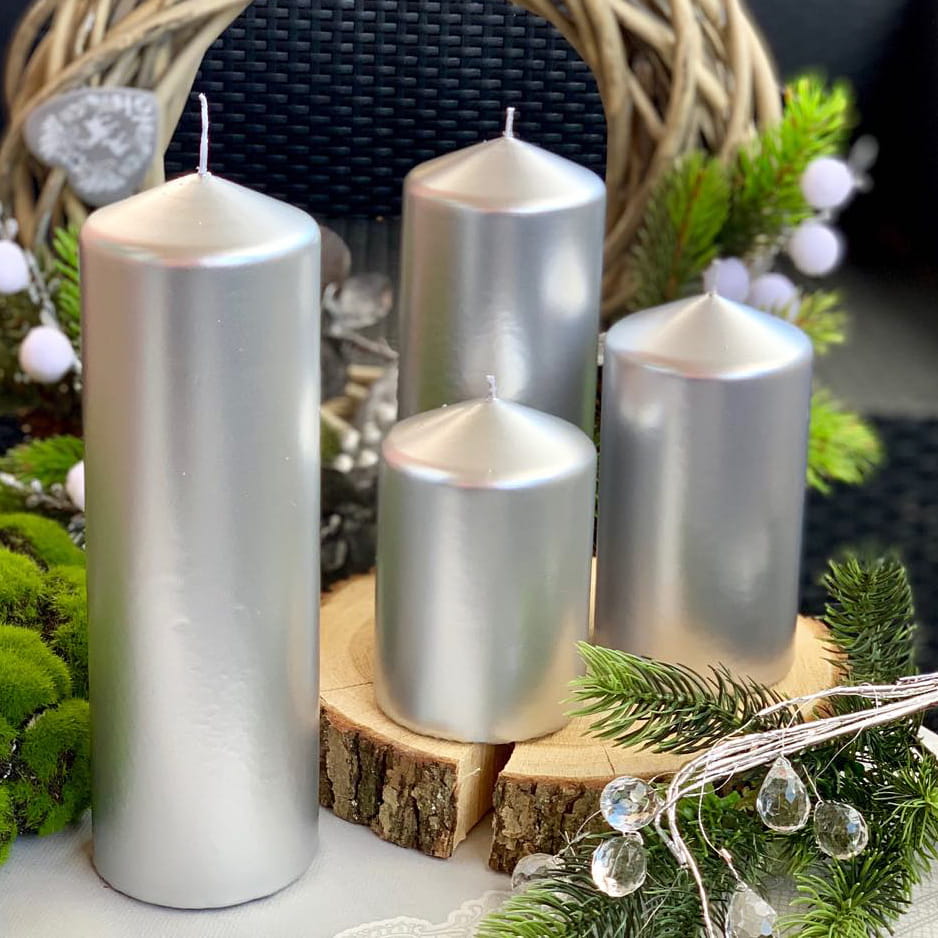 Świeca Ozdobna Pieńkowa Classic Metalik Srebrna 12cm Φ 8cm